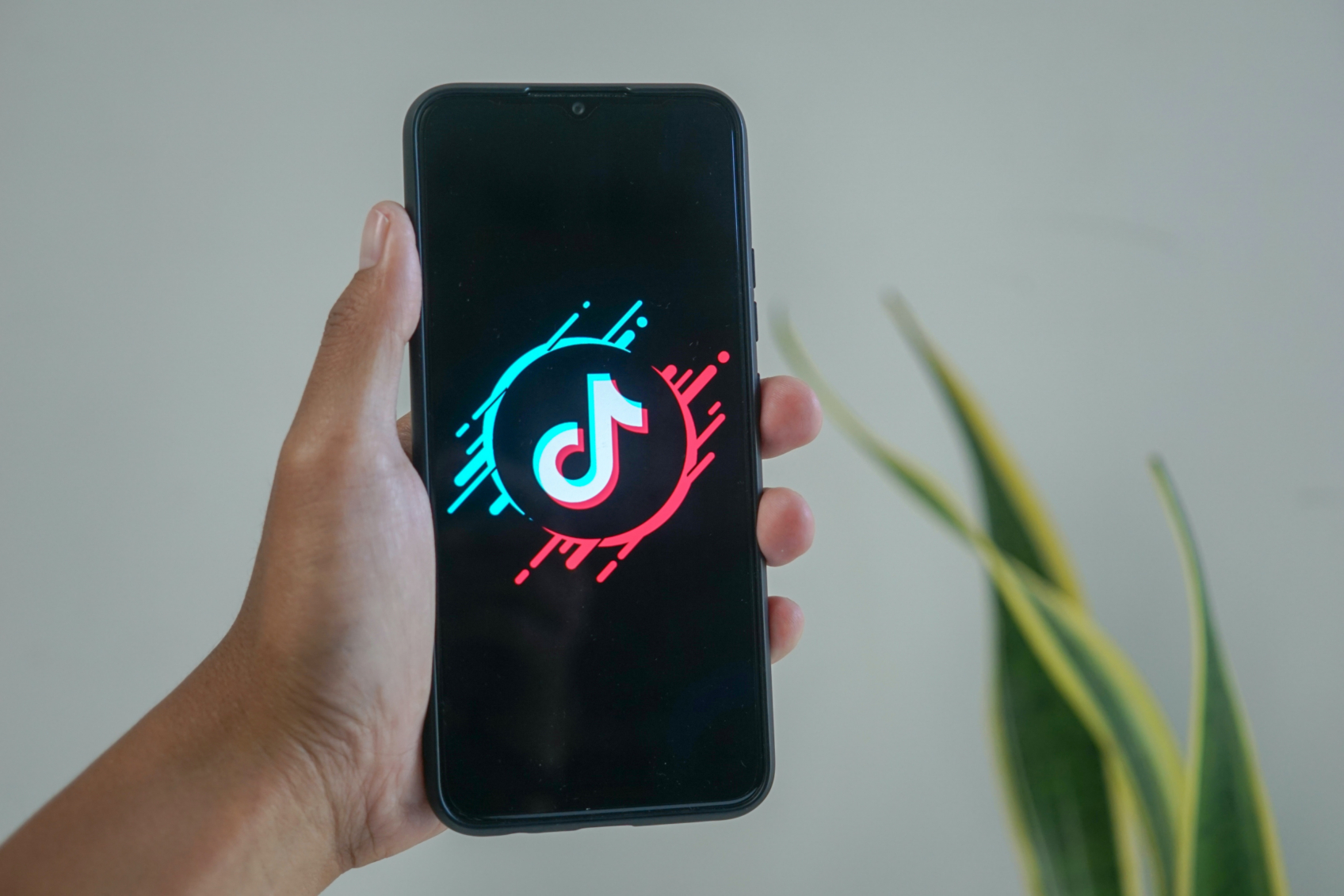 A hand holding a phone with the TikTok logo which is surrounded by a circle of blue and pink