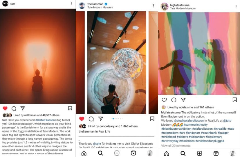 Some screenshots of Instagram posts about the Olafur Eliasson exhibition.