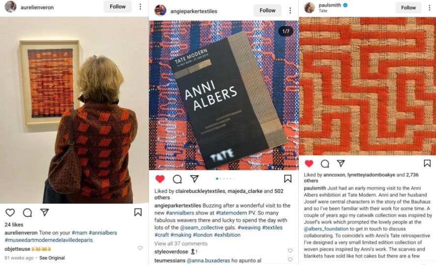 A selection of Instagram posts about the Anni Albers exhibition.